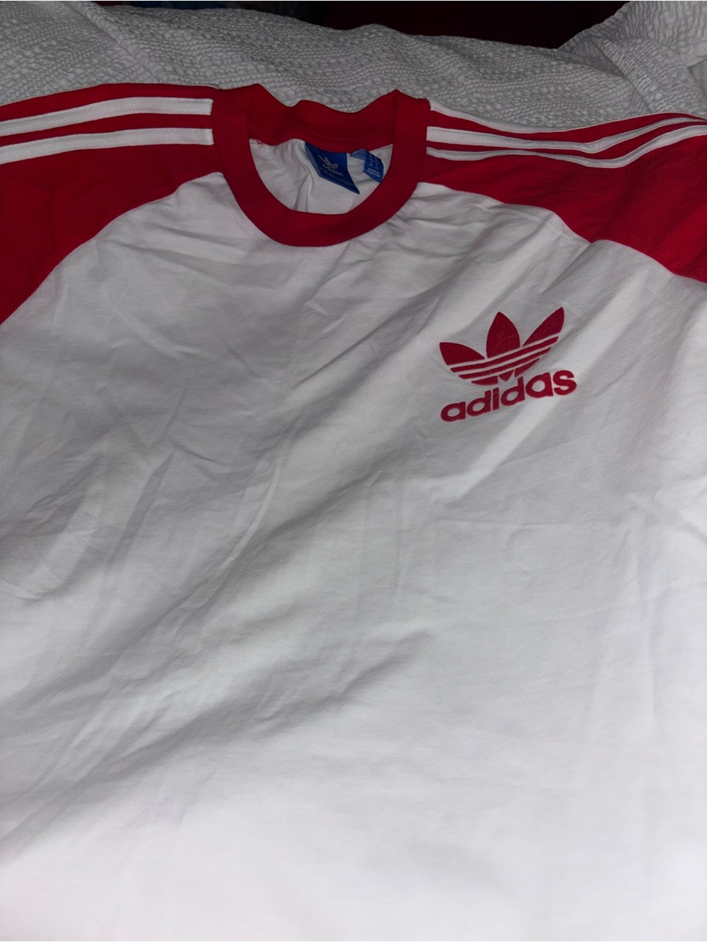 Adidas White Tee with Velvet Red Trefoil and Shoulder Stripes